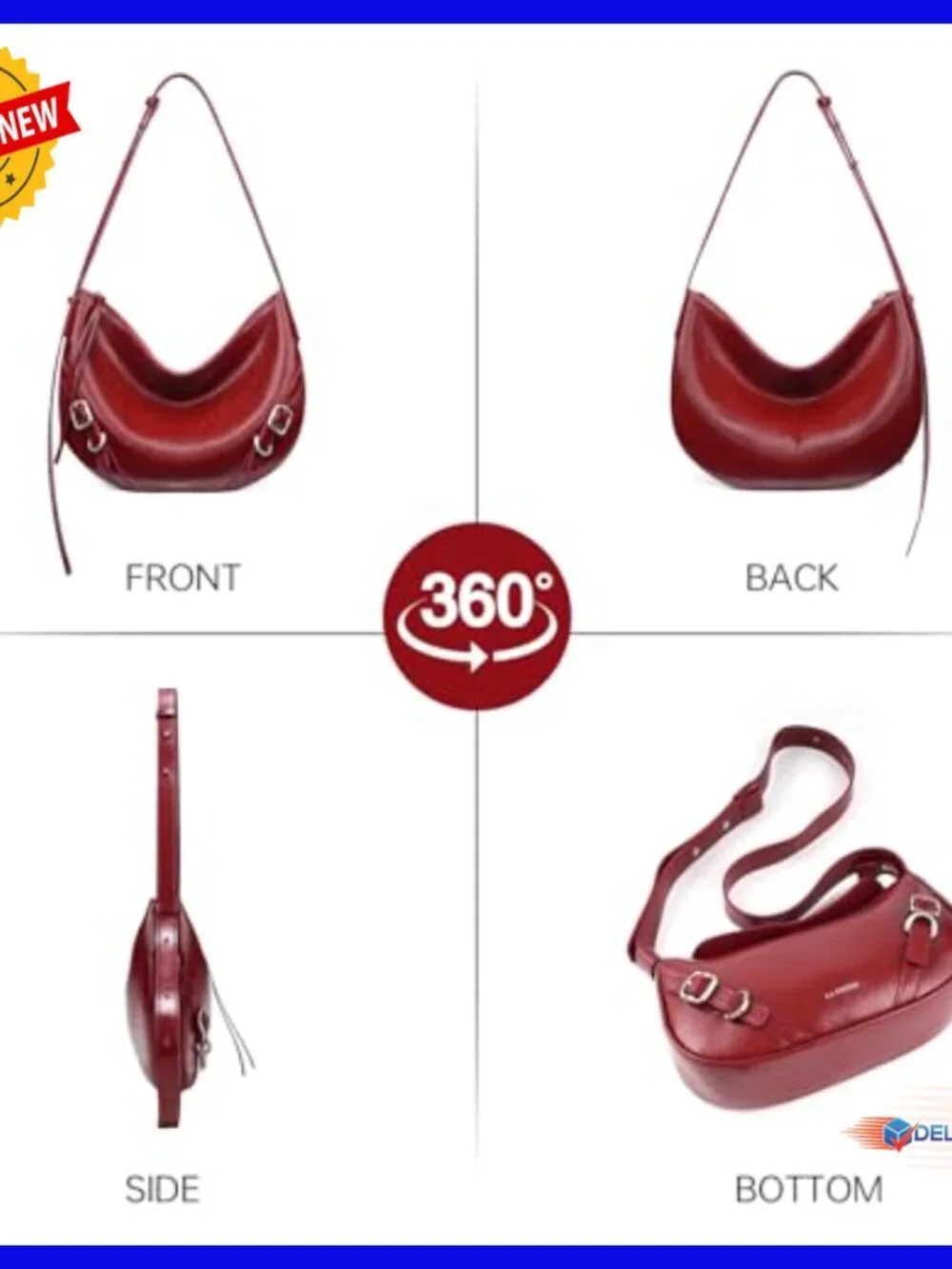 Split Leather Hobo Shoulder Bag with Adjustable Strap, Zipper Closure
